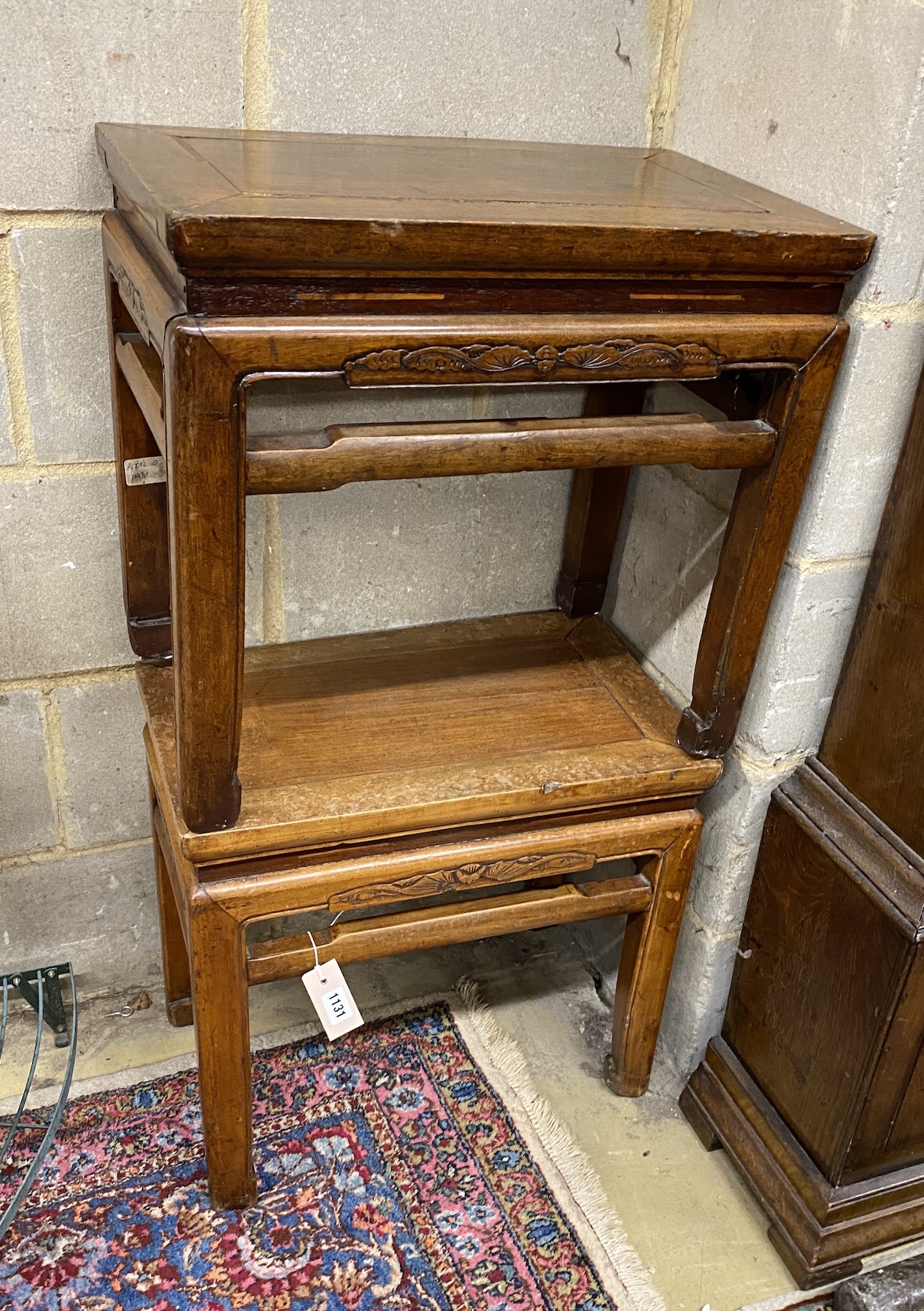 A pair of Chinese hardwood low tables, width 54cm, depth 34cm, height 50cm